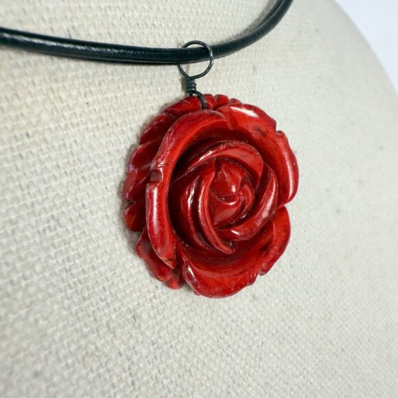 Carved Rose Necklace Leather Cord Srerling Silver Clasp Floral Minimal Dainty - Picture 4 of 8